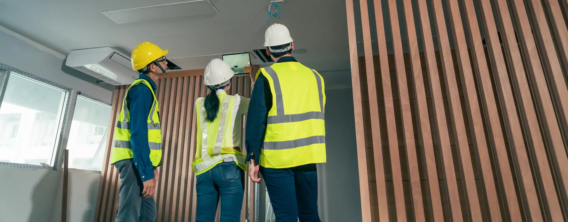 Three engineers in safety vests and hardhats inspect a fire detection and suppression system being installed